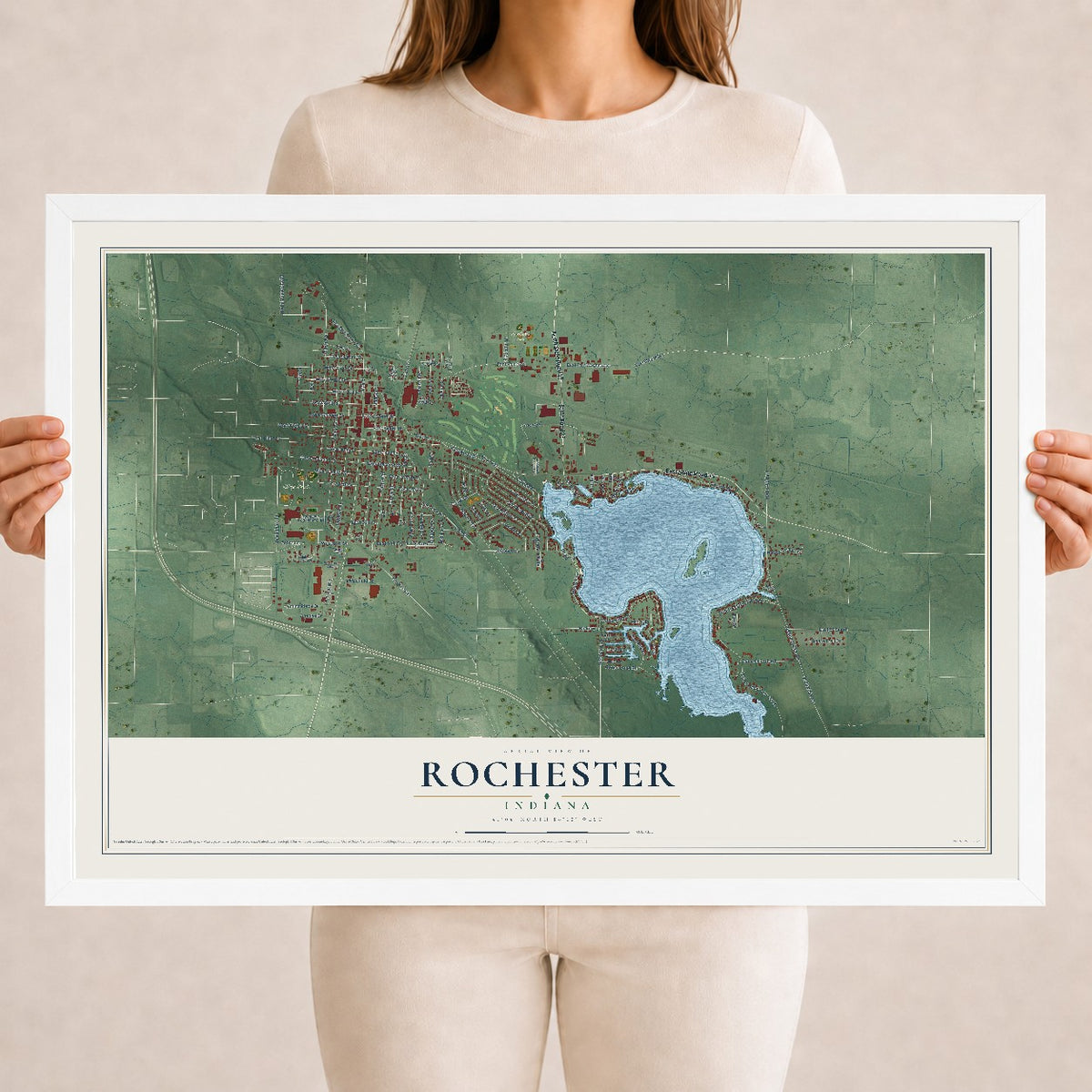 Map of Rochester, Indiana, 18 x 24 inch print in a white wood frame