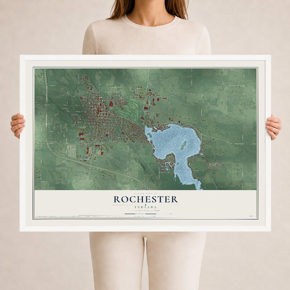 Map of Rochester, Indiana, 24 x 36 inch print in a white wood frame