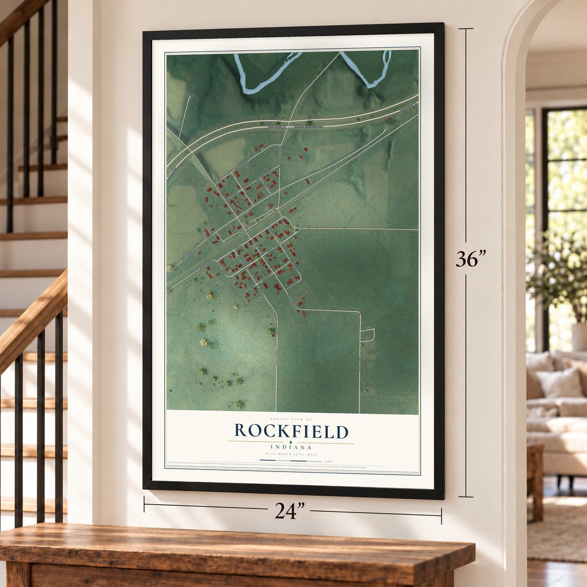 Rockfield, Indiana map, 24 x 36 inch print in a black frame by a staircase
