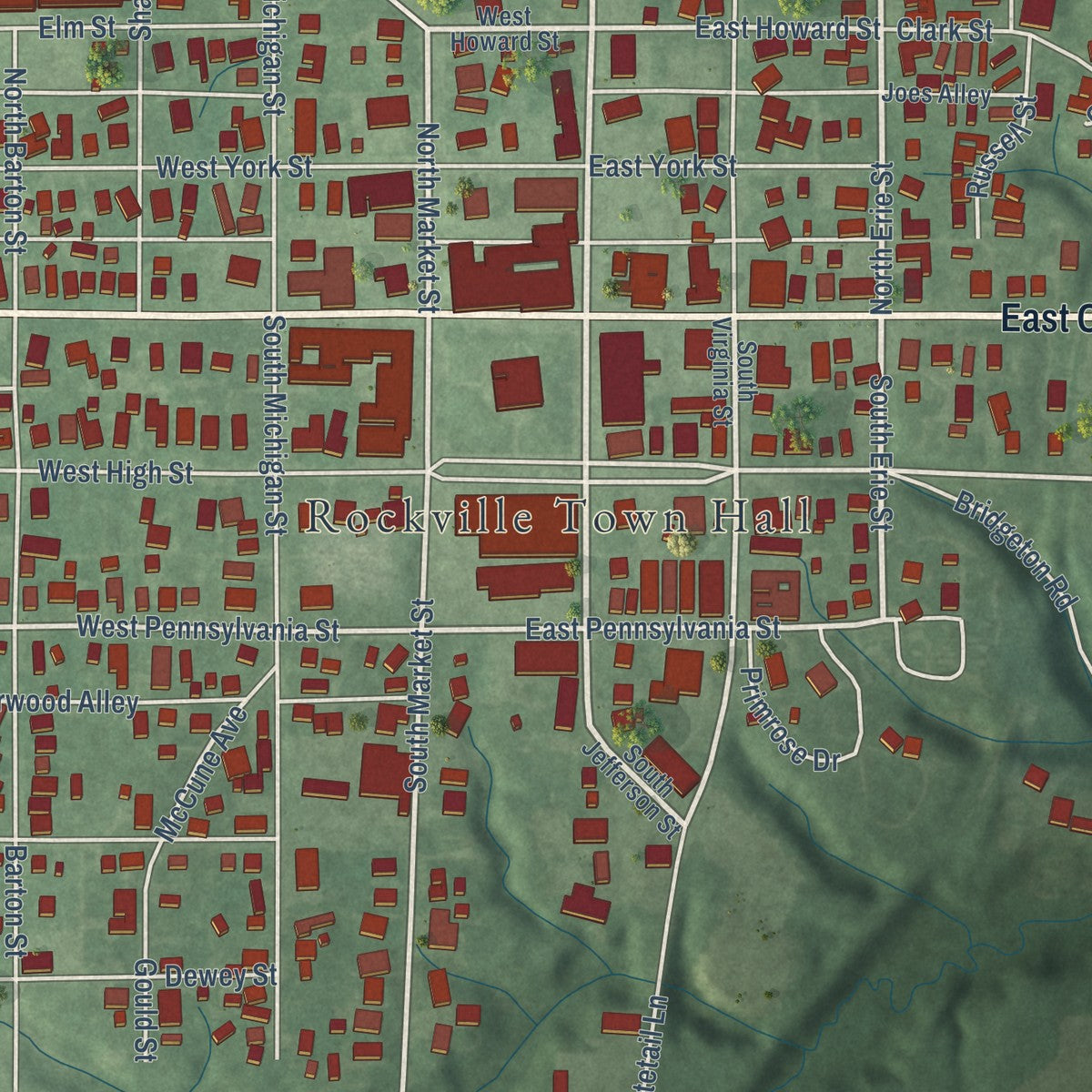 Close-up of the map of Rockville, Indiana print showing street and building detail