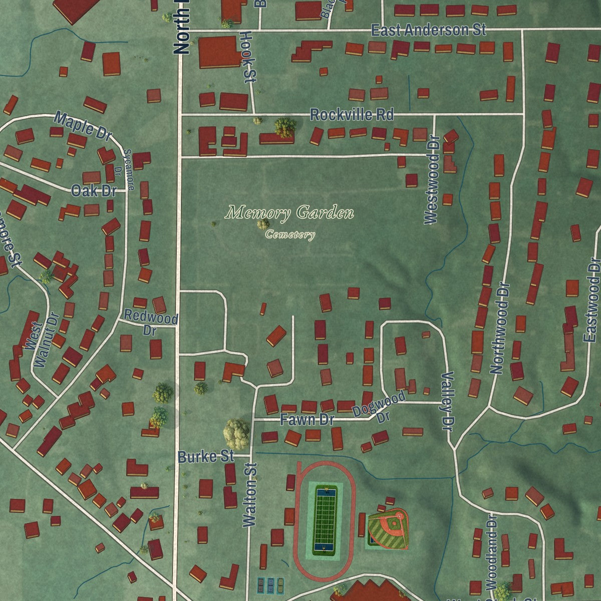 Second close-up of the map of Rockville, Indiana print showing more streets and buildings