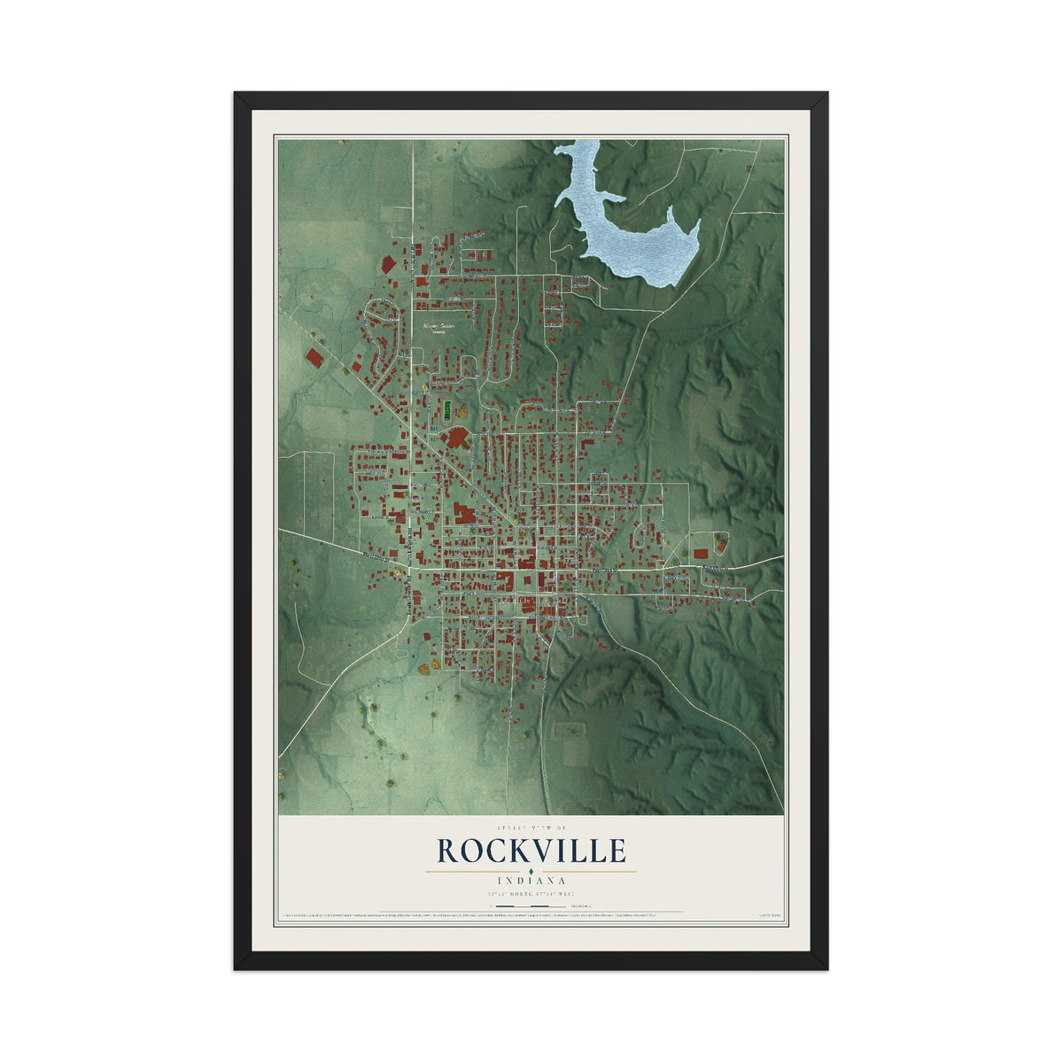 Map of Rockville, Indiana, 12 x 18 inch print in a black wood frame