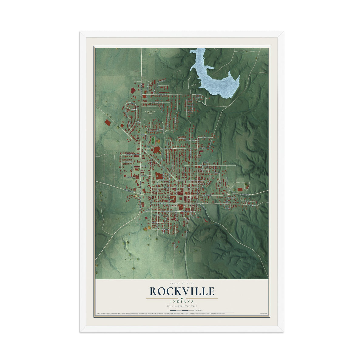 Map of Rockville, Indiana, 12 x 18 inch print in a white wood frame