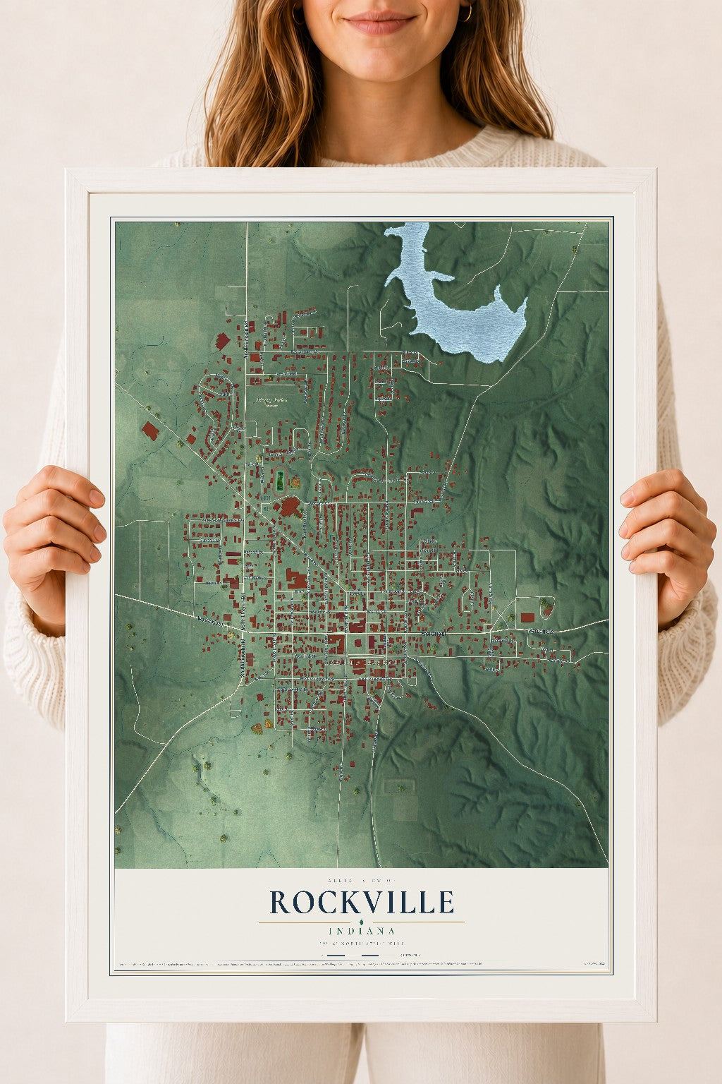 Map of Rockville, Indiana, 18 x 24 inch print in a white wood frame