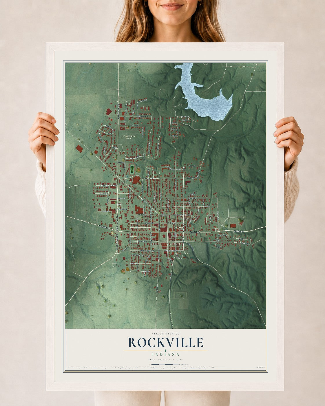 Map of Rockville, Indiana, 24 x 36 inch print in a white wood frame