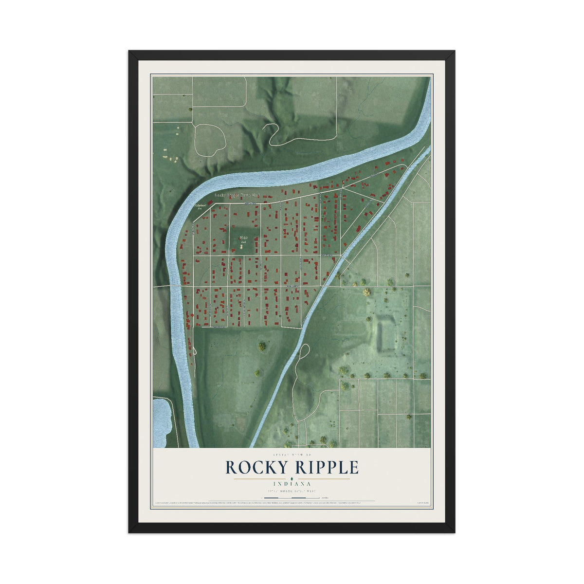 Map of Rocky Ripple, Indiana, 12 x 18 inch print in a black wood frame