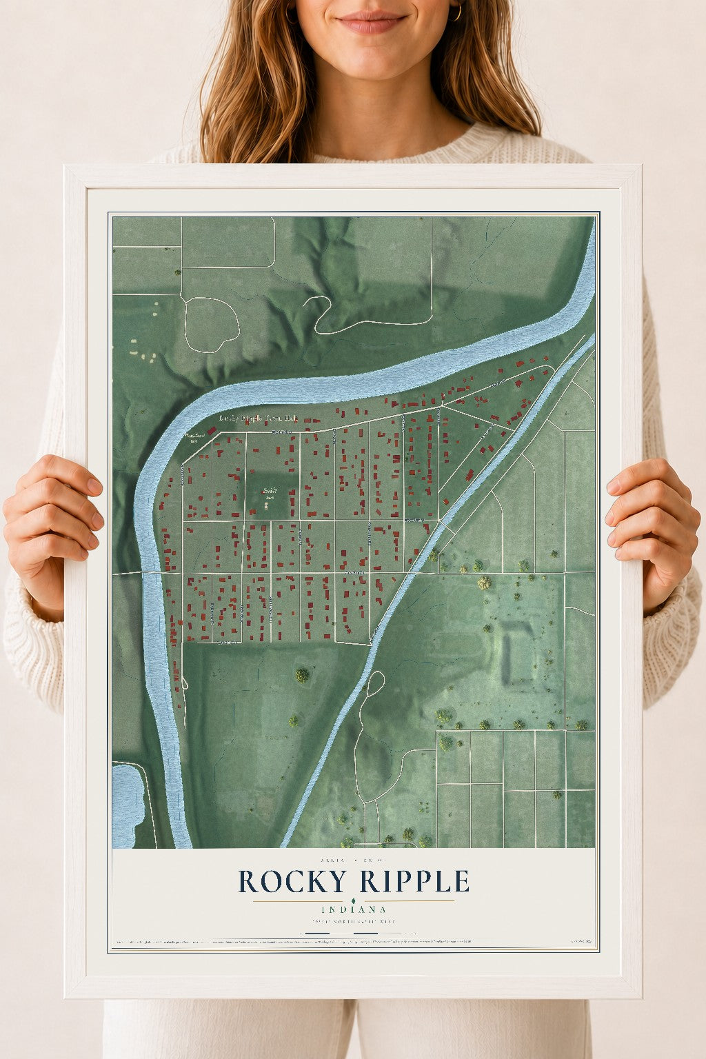 Map of Rocky Ripple, Indiana, 18 x 24 inch print in a white wood frame