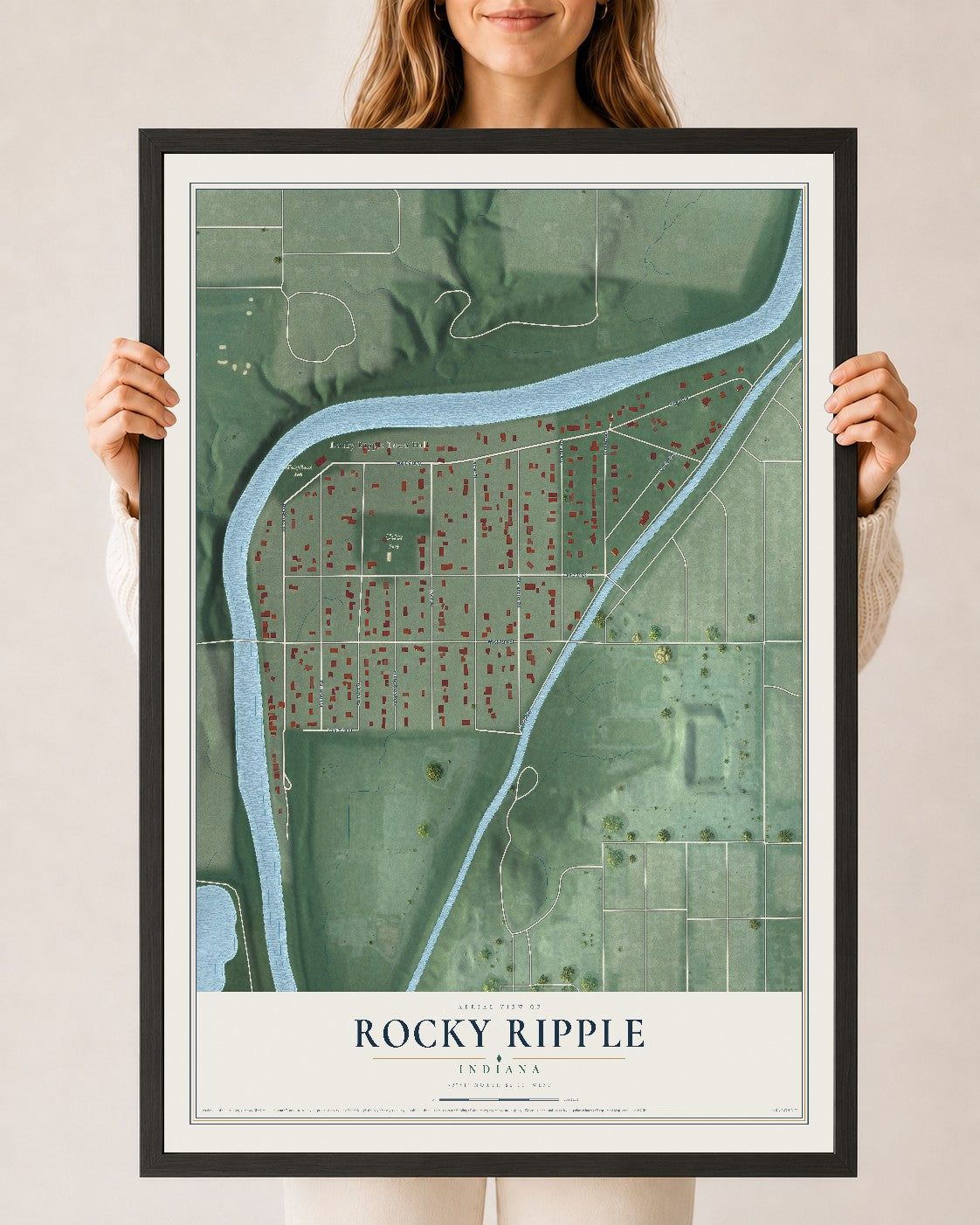 Map of Rocky Ripple, Indiana, 24 x 36 inch print in a black wood frame