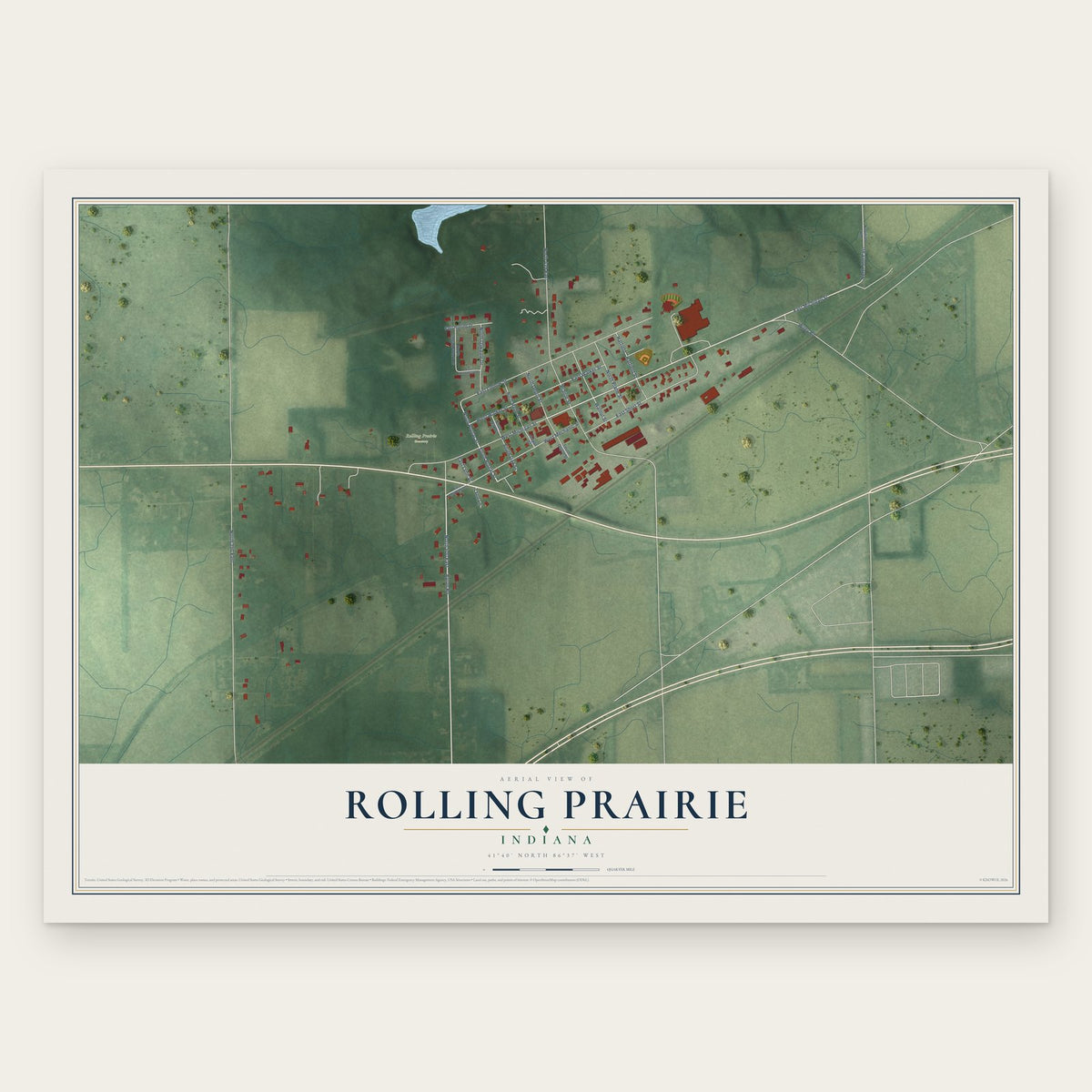 Rolling Prairie, Indiana map print, the full design