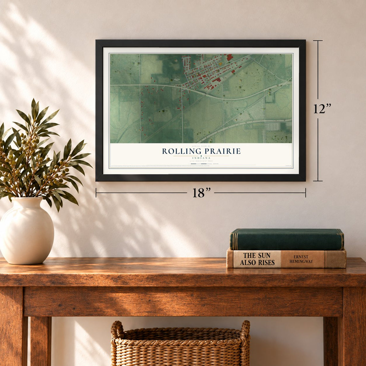 Rolling Prairie, Indiana map, 12 x 18 inch print in a black frame in an entryway