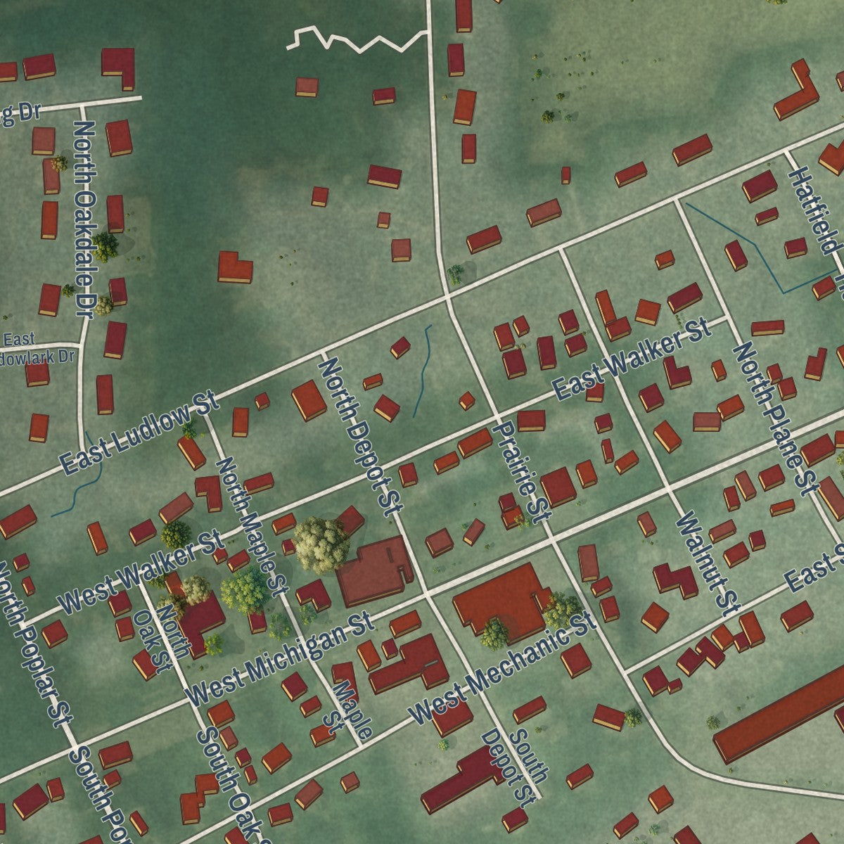 Close-up of the map of Rolling Prairie, Indiana print showing street and building detail