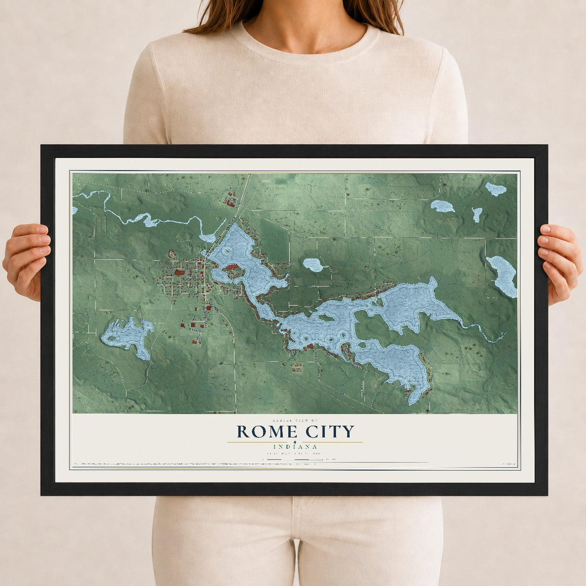 Map of Rome City, Indiana, 12 x 18 inch print in a black wood frame