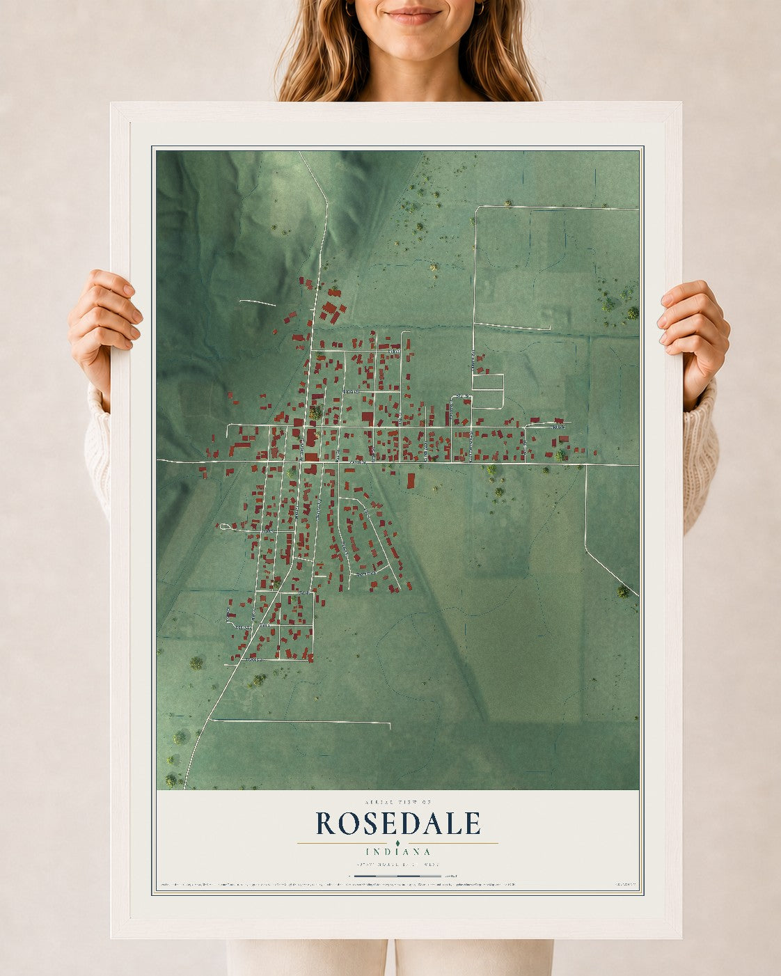 Map of Rosedale, Indiana, 24 x 36 inch print in a white wood frame