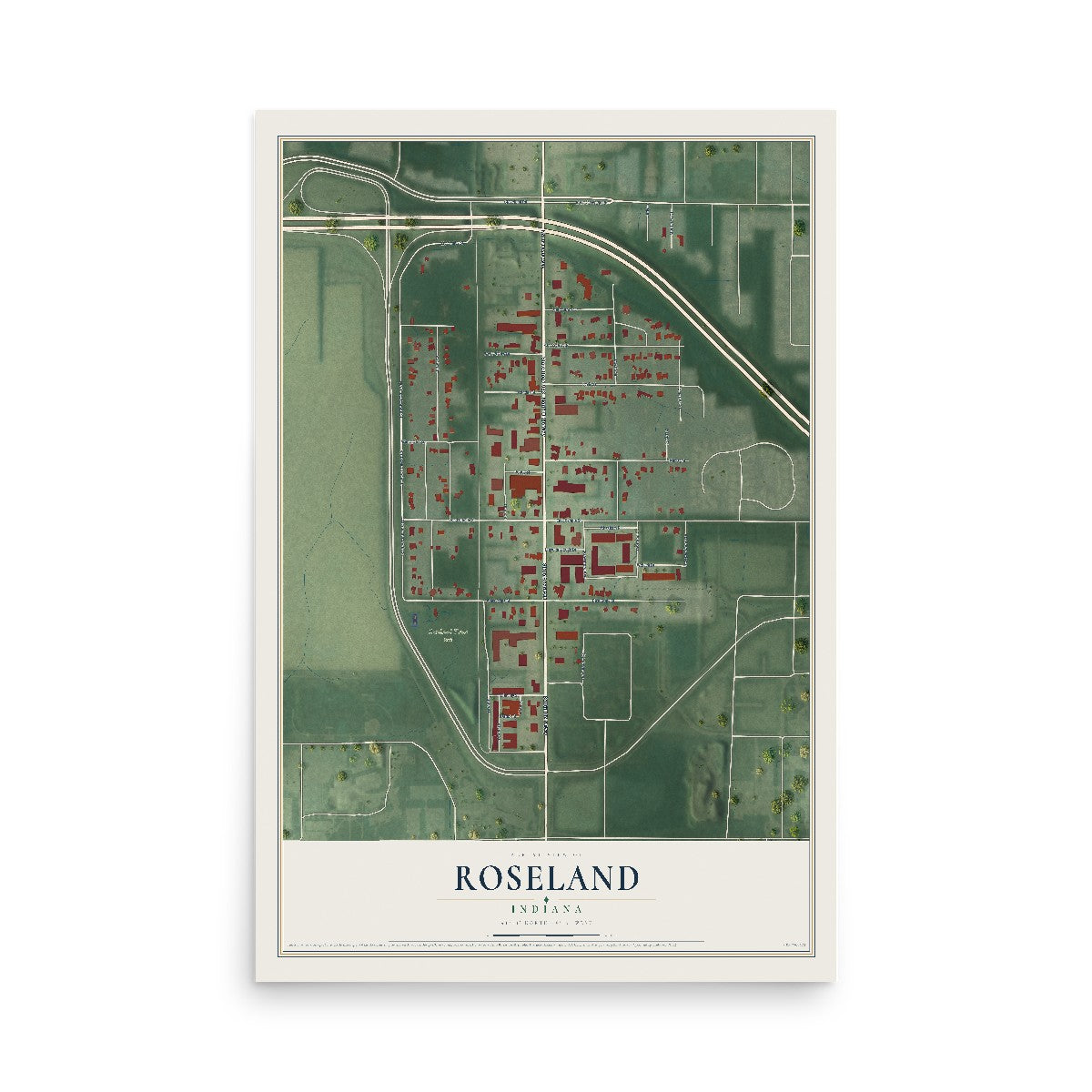 Map of Roseland, Indiana, 12 x 18 inch unframed archival matte print