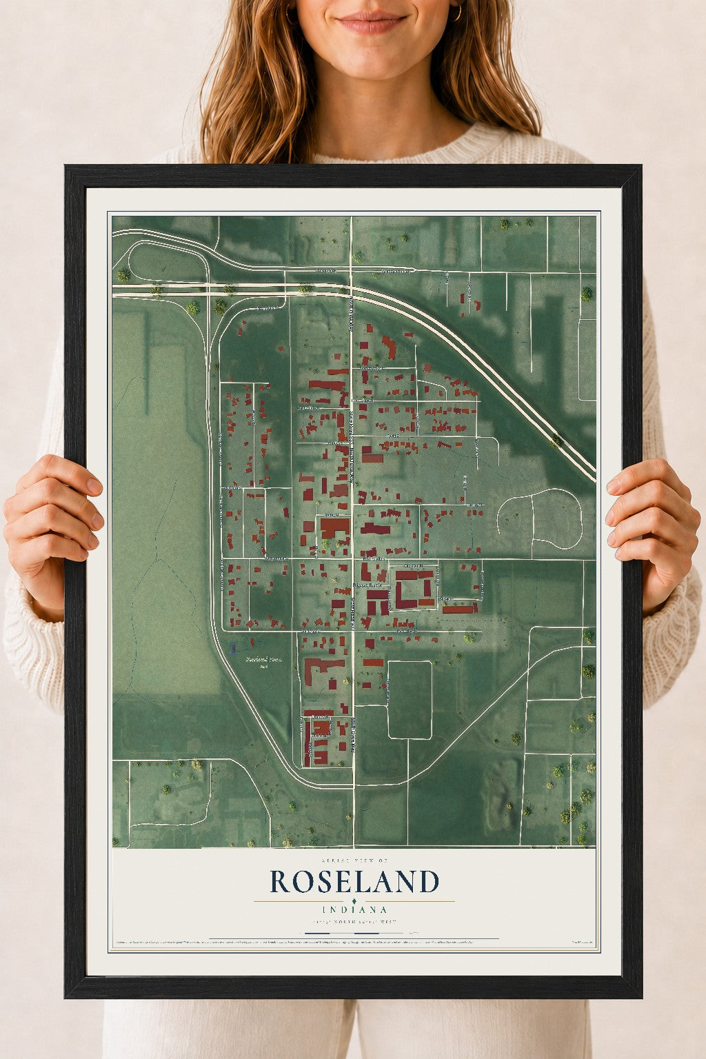 Map of Roseland, Indiana, 18 x 24 inch print in a black wood frame