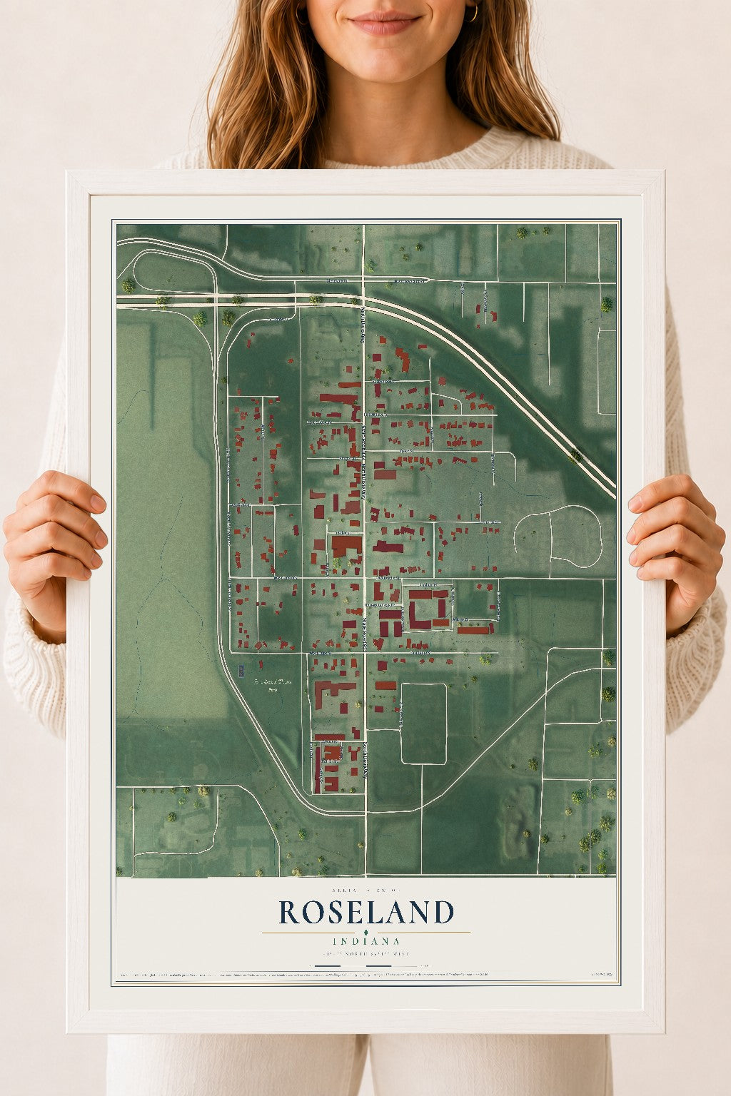 Map of Roseland, Indiana, 18 x 24 inch print in a white wood frame