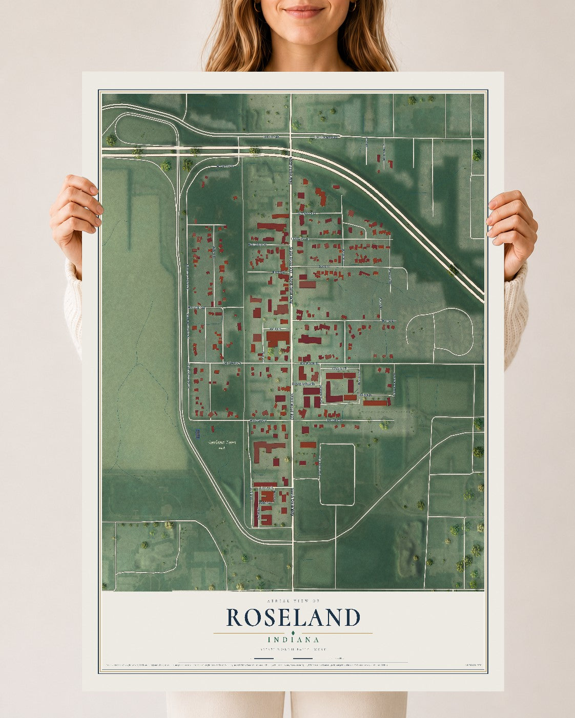 Map of Roseland, Indiana, 24 x 36 inch unframed archival matte print