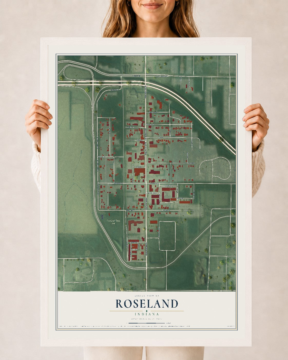 Map of Roseland, Indiana, 24 x 36 inch print in a white wood frame