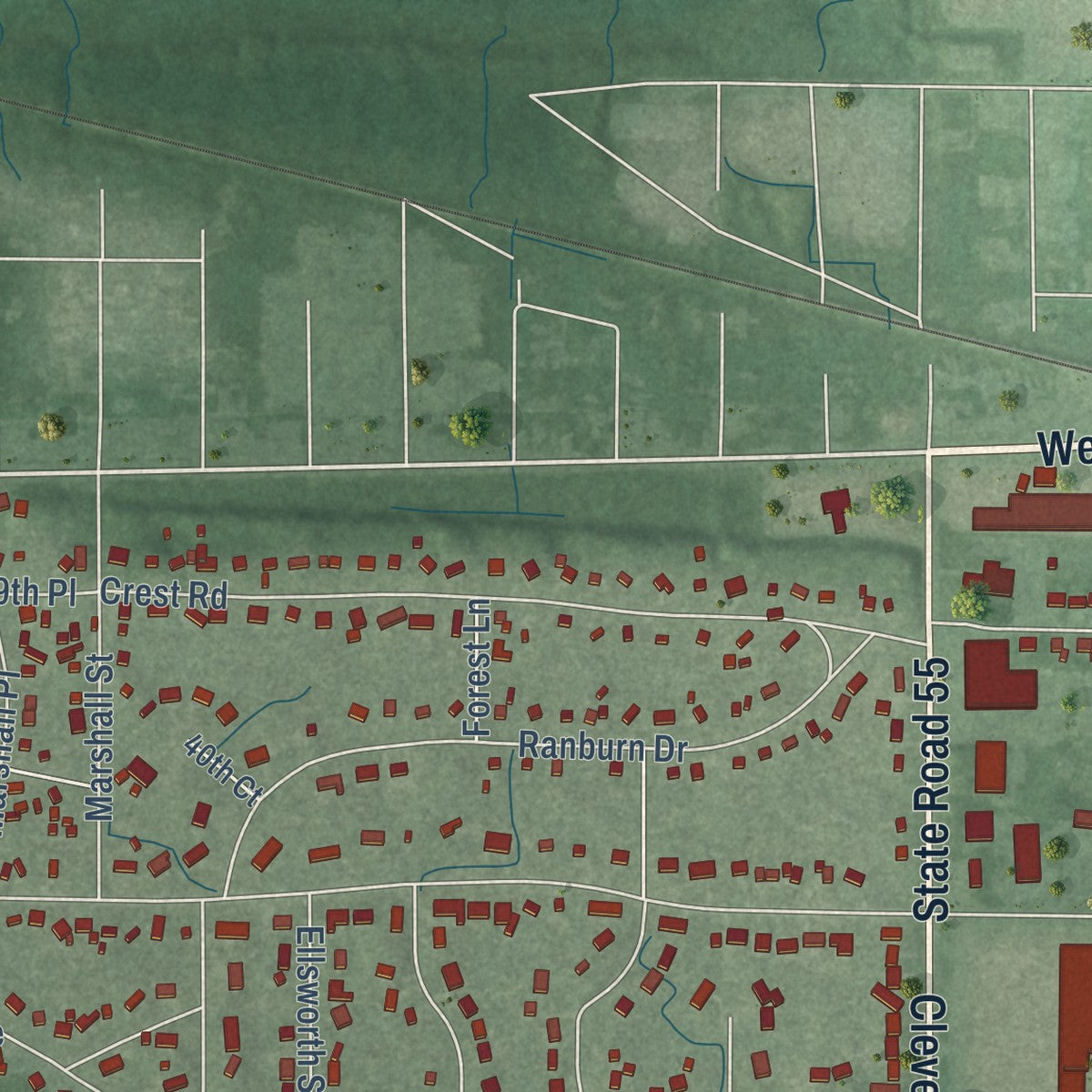 Close-up of the map of Ross, Indiana print showing street and building detail