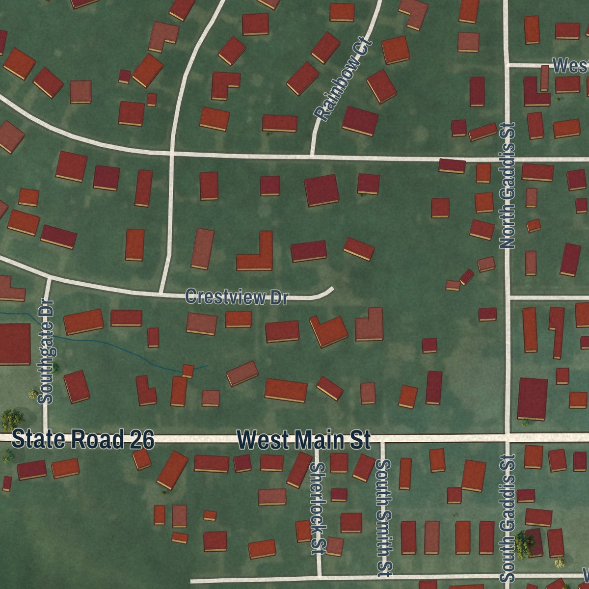 Second close-up of the map of Rossville, Indiana print showing more streets and buildings