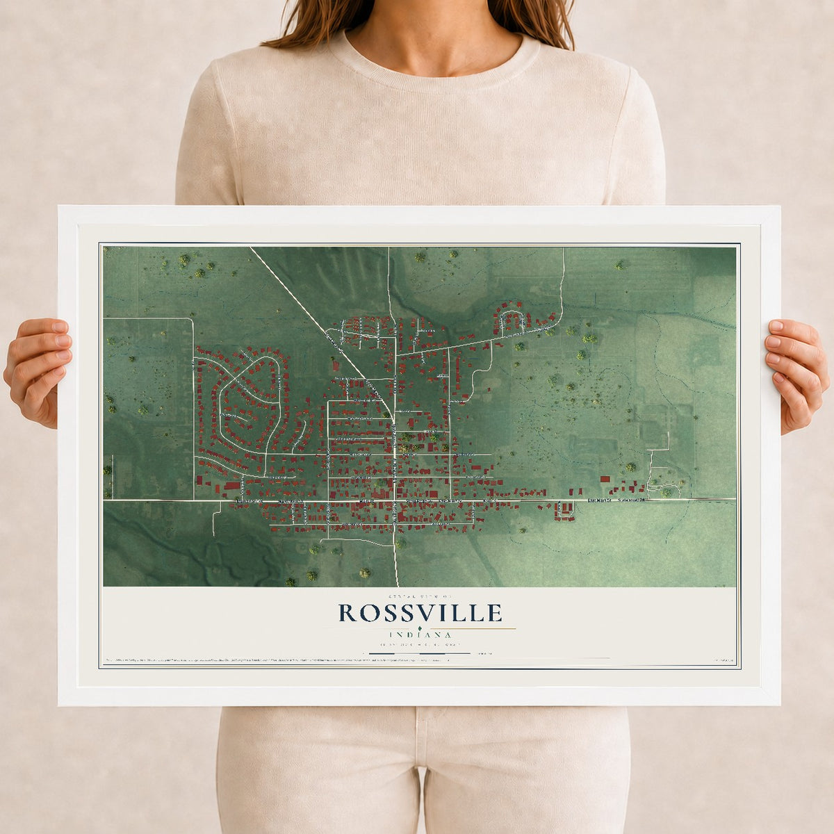 Map of Rossville, Indiana, 12 x 18 inch print in a white wood frame