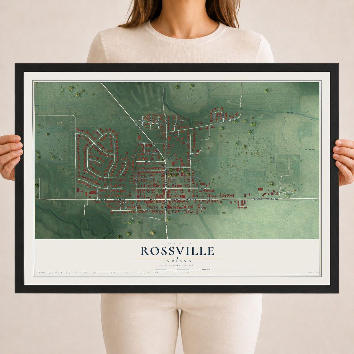 Map of Rossville, Indiana, 18 x 24 inch print in a black wood frame