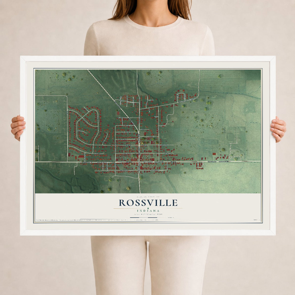 Map of Rossville, Indiana, 24 x 36 inch print in a white wood frame