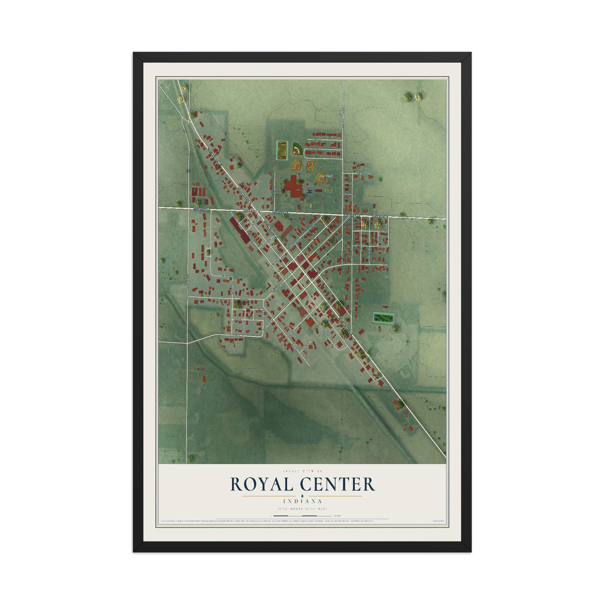 Map of Royal Center, Indiana, 12 x 18 inch print in a black wood frame