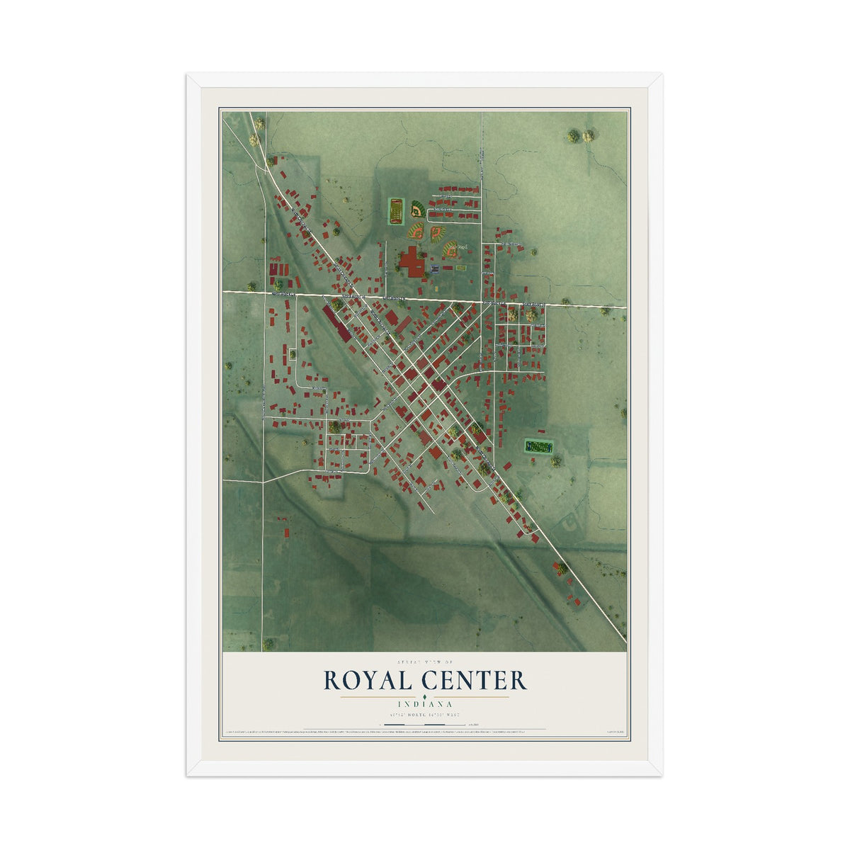 Map of Royal Center, Indiana, 12 x 18 inch print in a white wood frame