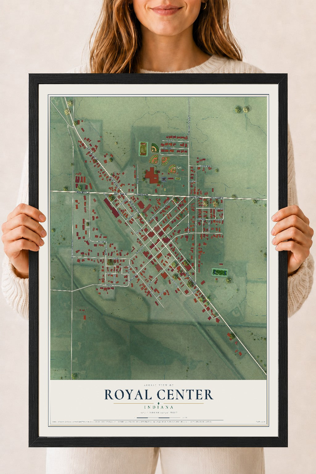 Map of Royal Center, Indiana, 18 x 24 inch print in a black wood frame