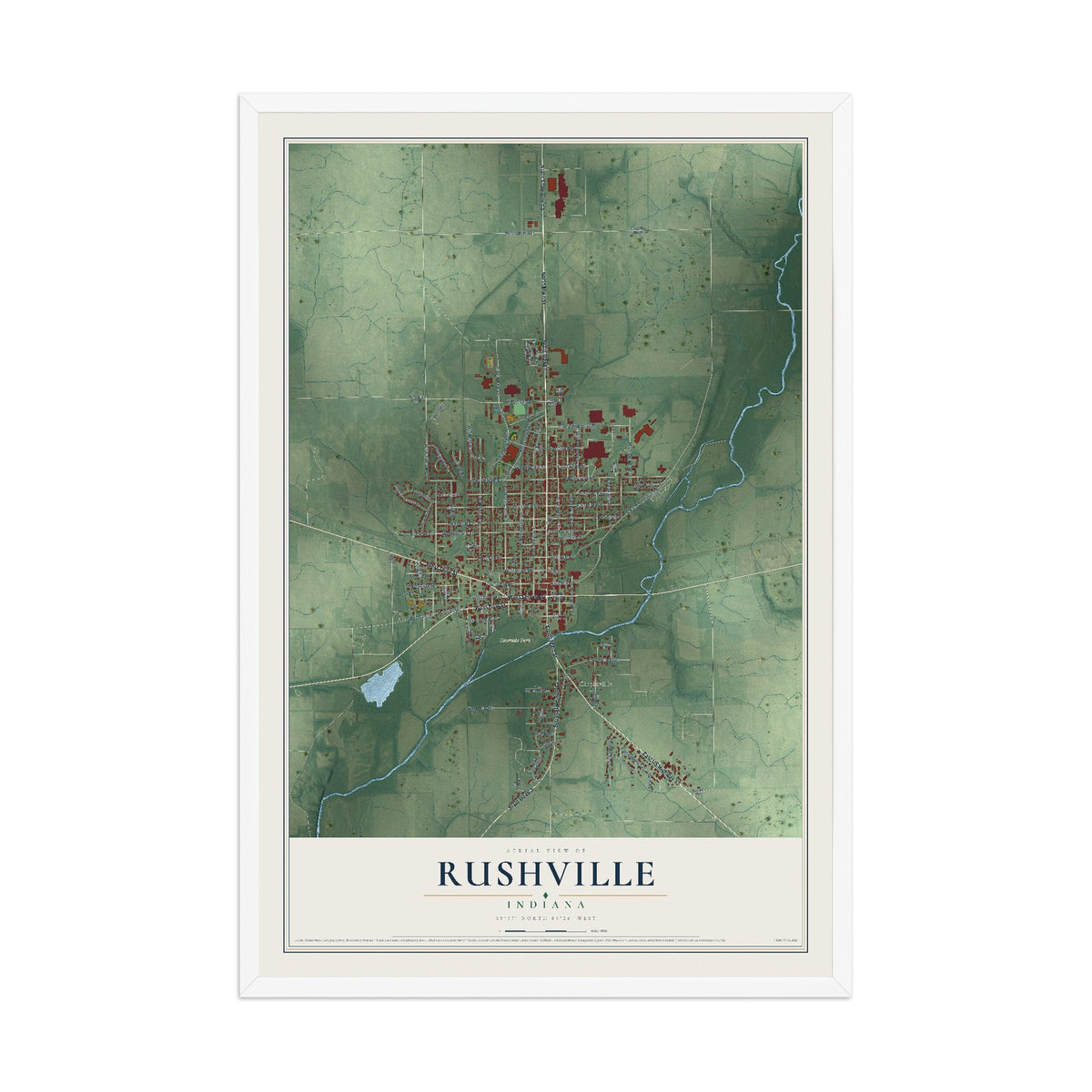 Map of Rushville, Indiana, 12 x 18 inch print in a white wood frame