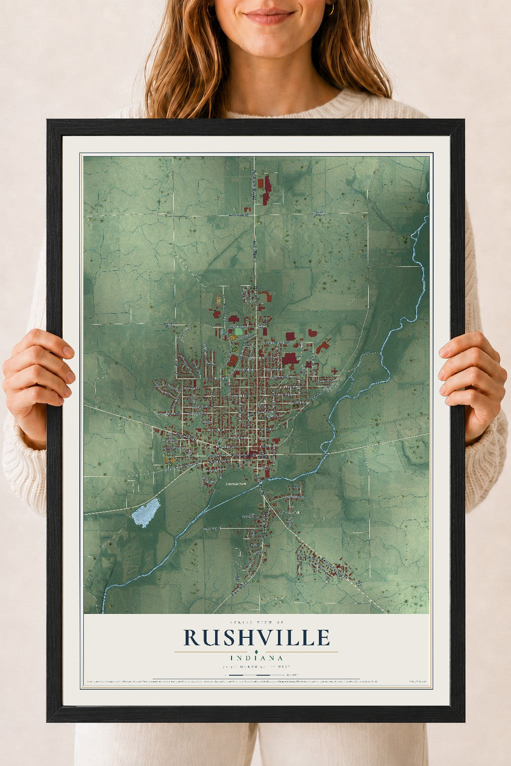 Map of Rushville, Indiana, 18 x 24 inch print in a black wood frame