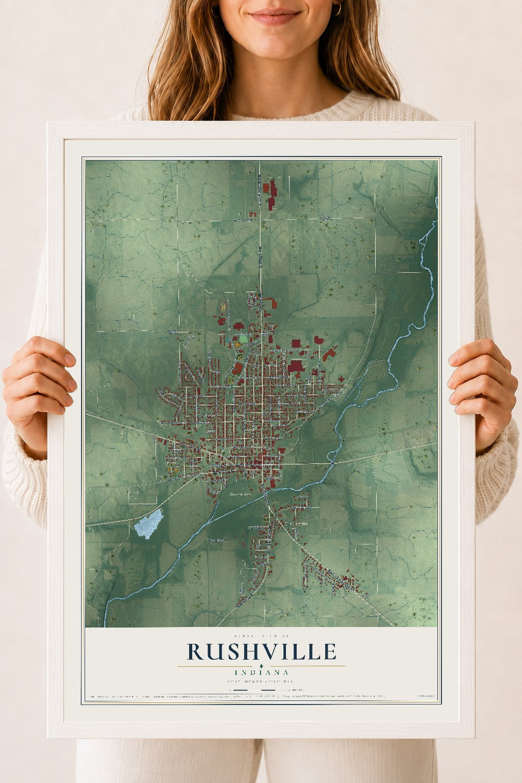 Map of Rushville, Indiana, 18 x 24 inch print in a white wood frame