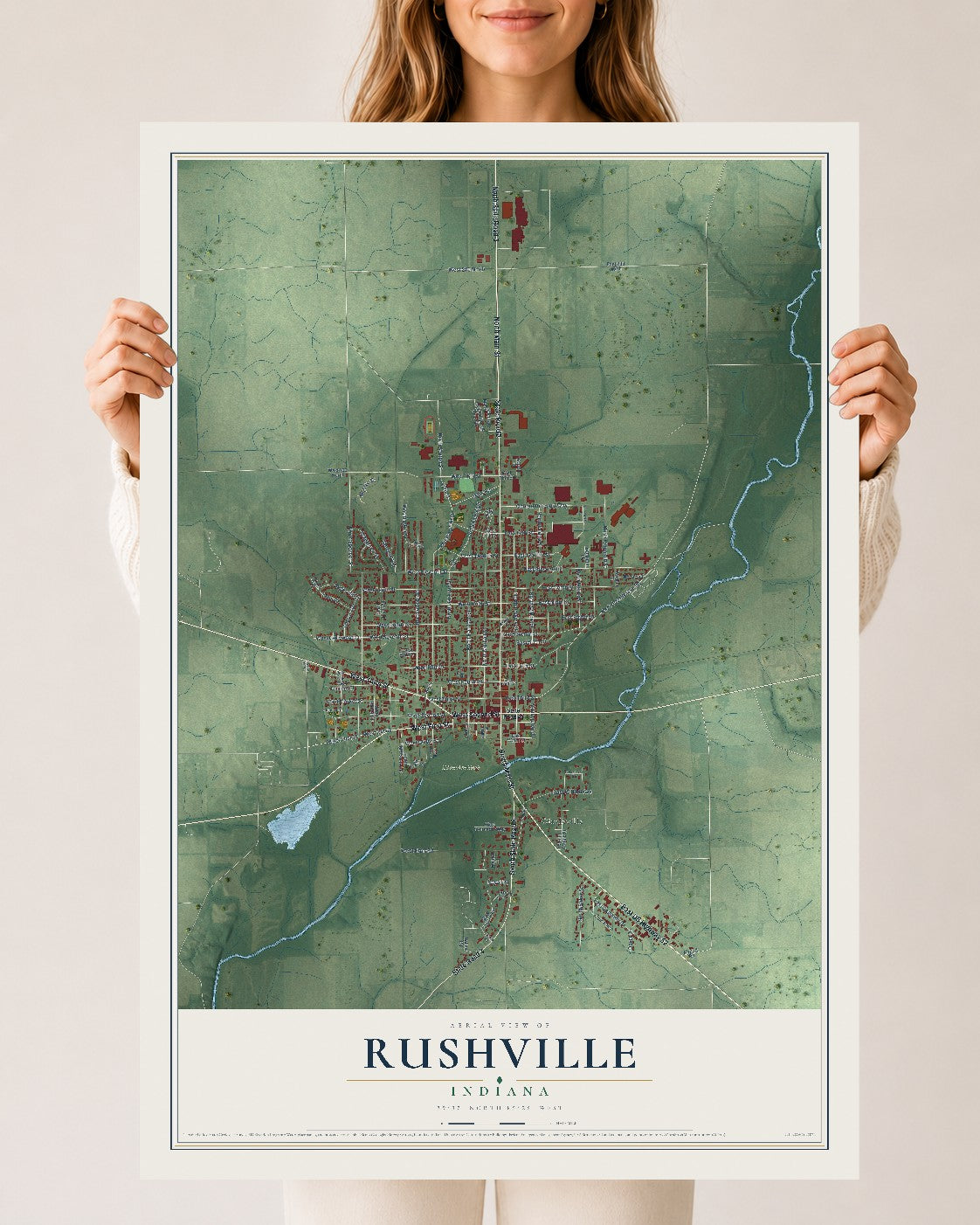 Map of Rushville, Indiana, 24 x 36 inch unframed archival matte print