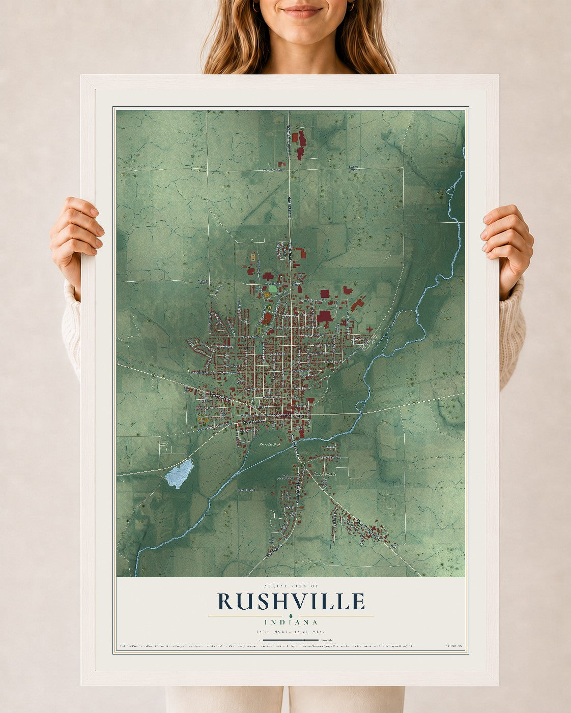 Map of Rushville, Indiana, 24 x 36 inch print in a white wood frame