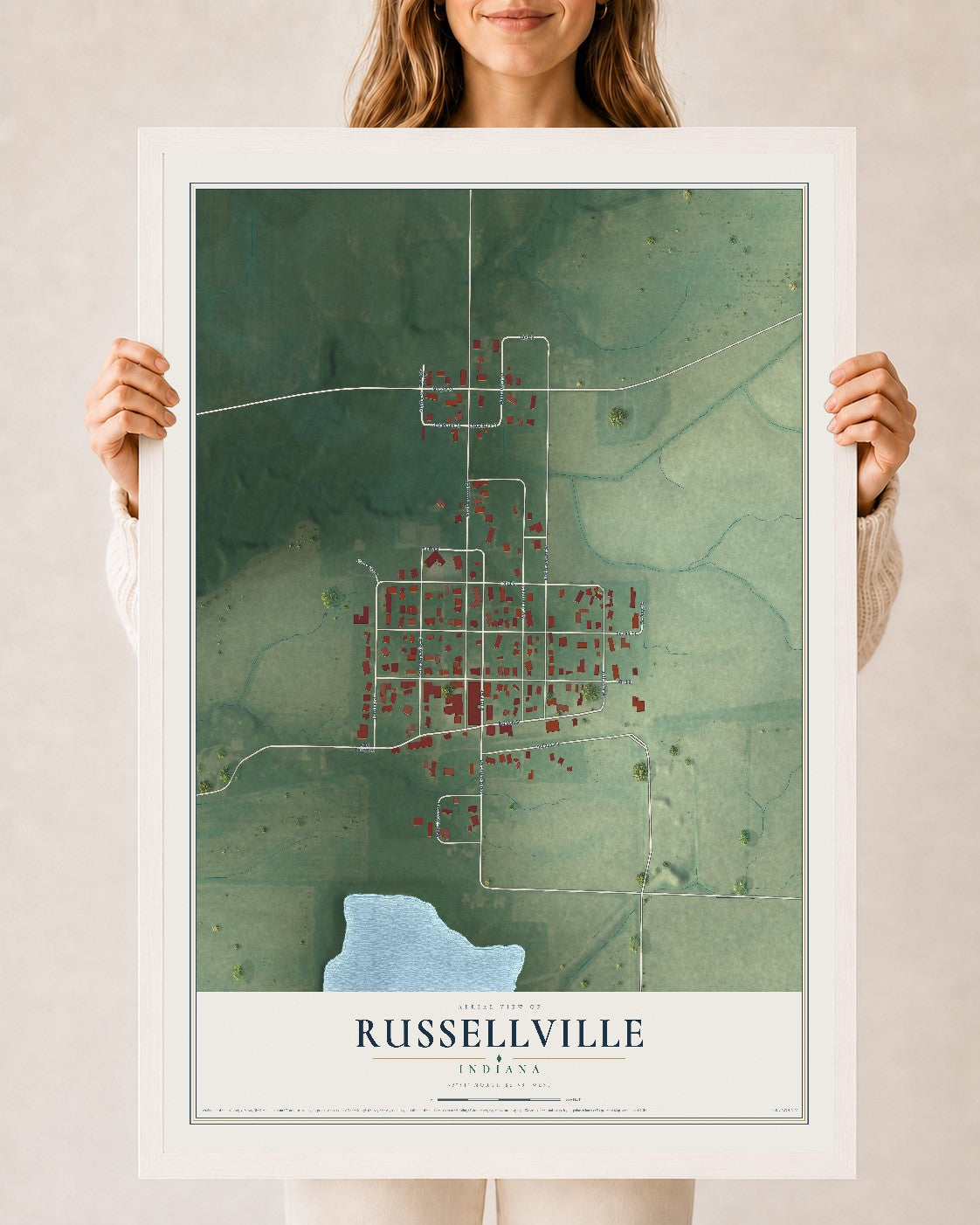 Map of Russellville, Indiana, 24 x 36 inch print in a white wood frame