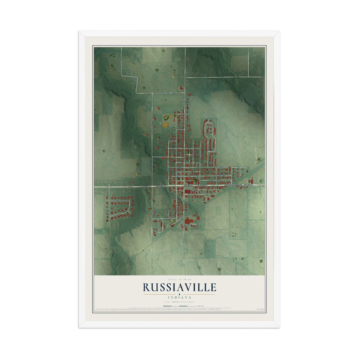 Map of Russiaville, Indiana, 12 x 18 inch print in a white wood frame