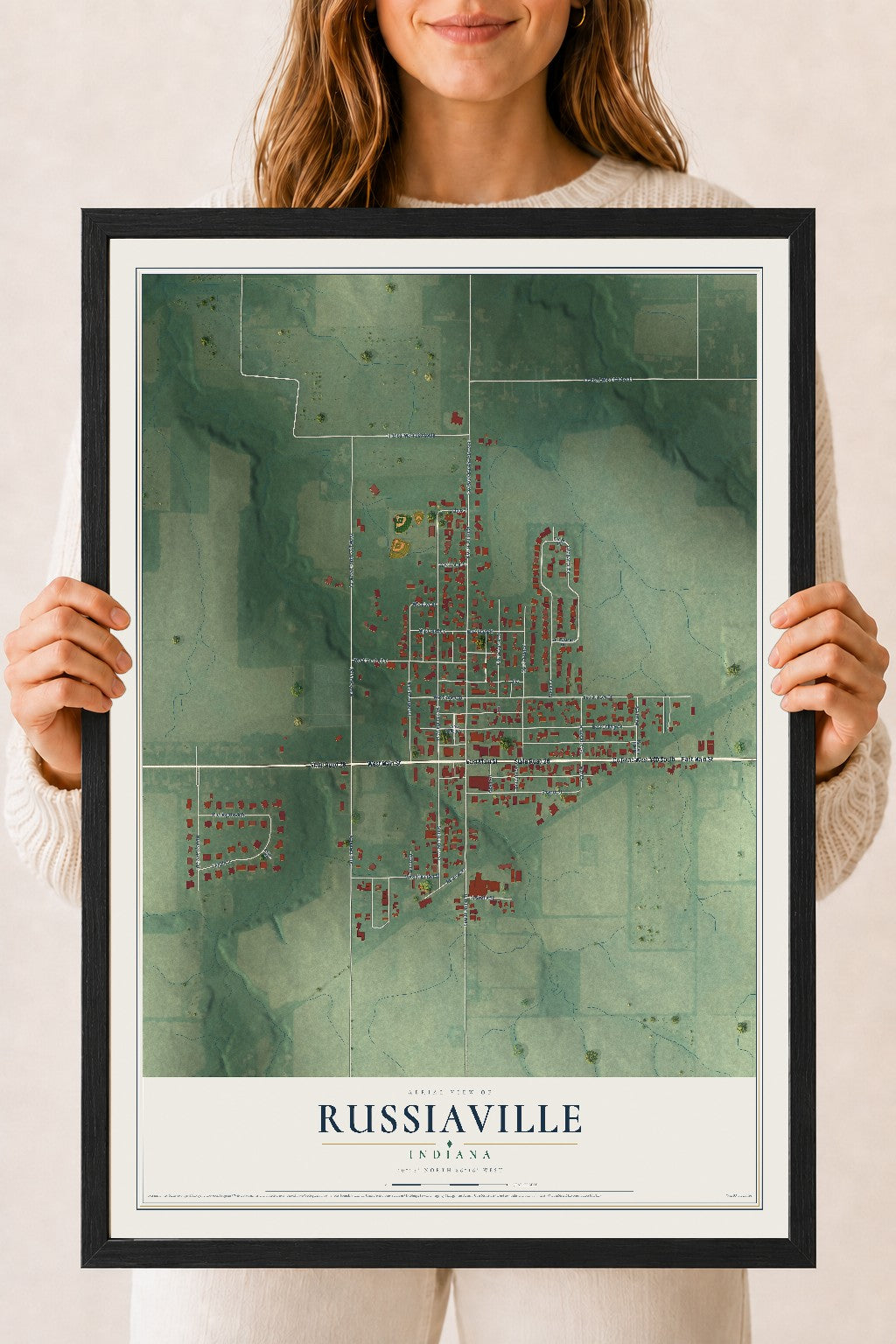 Map of Russiaville, Indiana, 18 x 24 inch print in a black wood frame