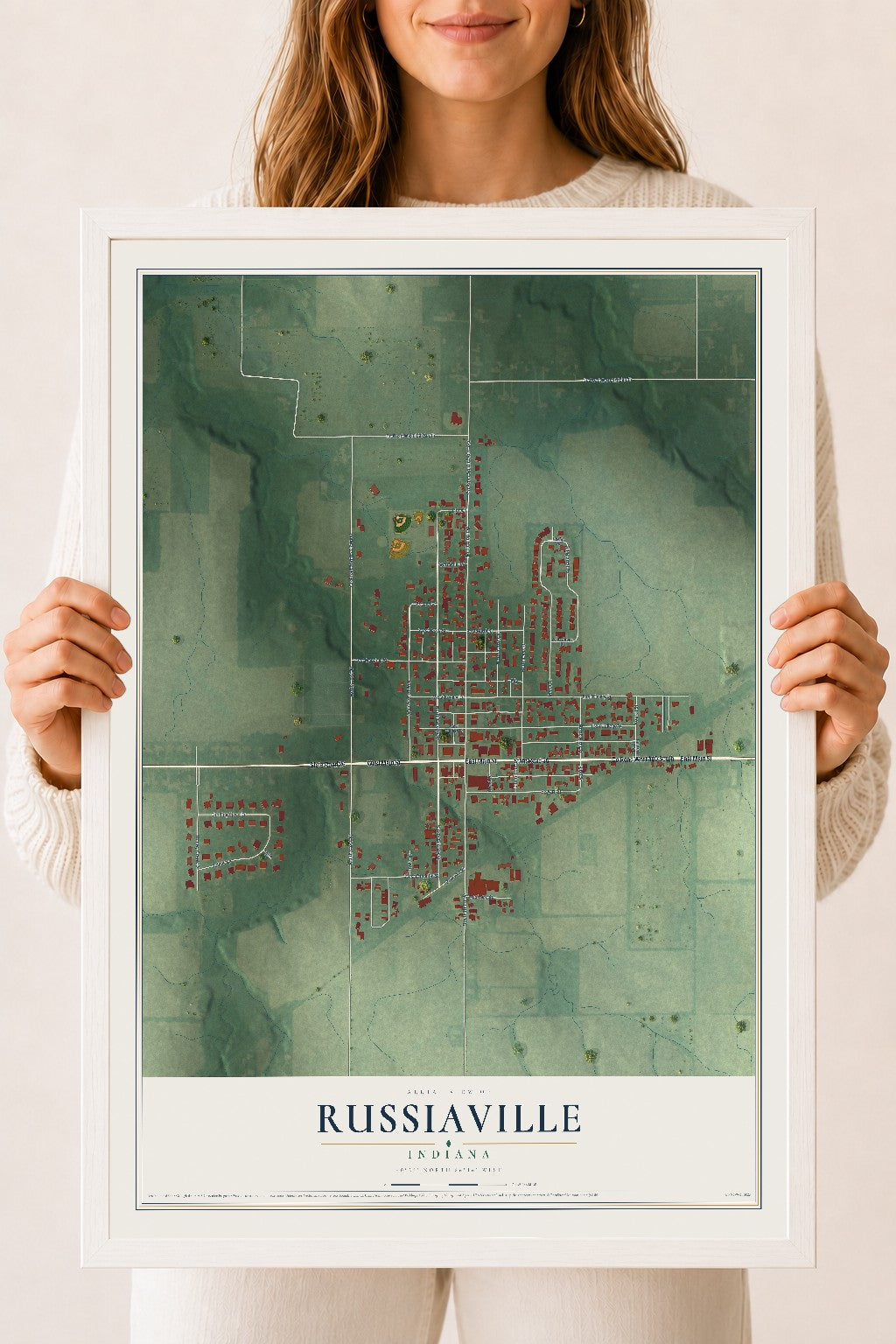 Map of Russiaville, Indiana, 18 x 24 inch print in a white wood frame
