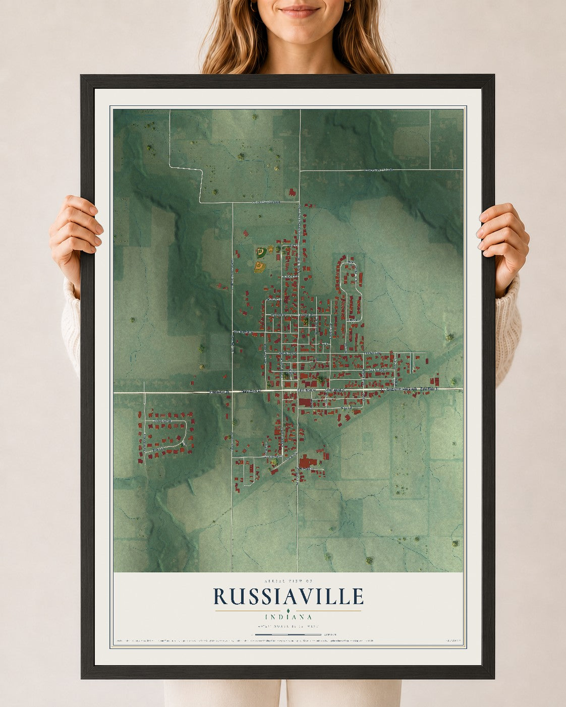 Map of Russiaville, Indiana, 24 x 36 inch print in a black wood frame