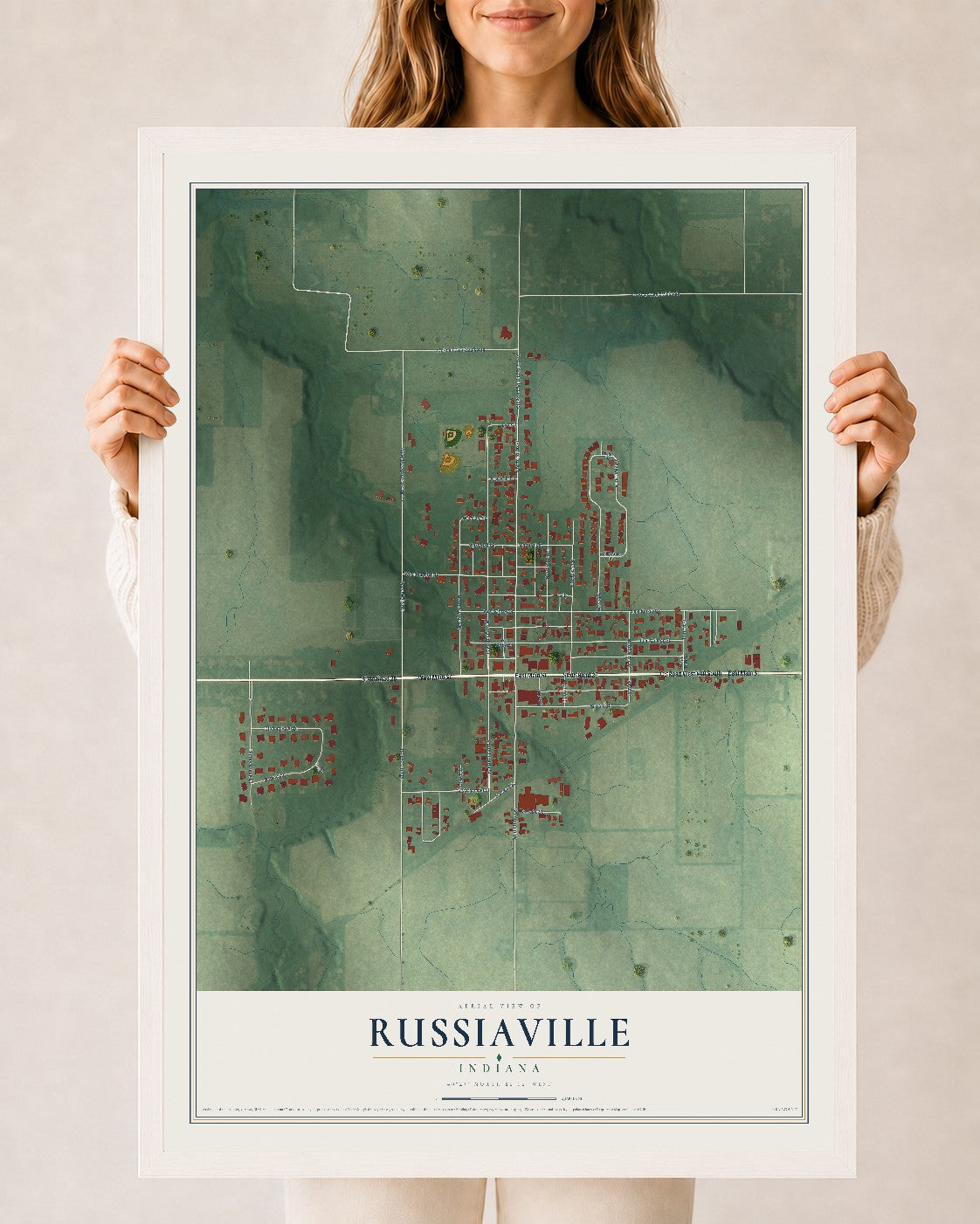 Map of Russiaville, Indiana, 24 x 36 inch print in a white wood frame