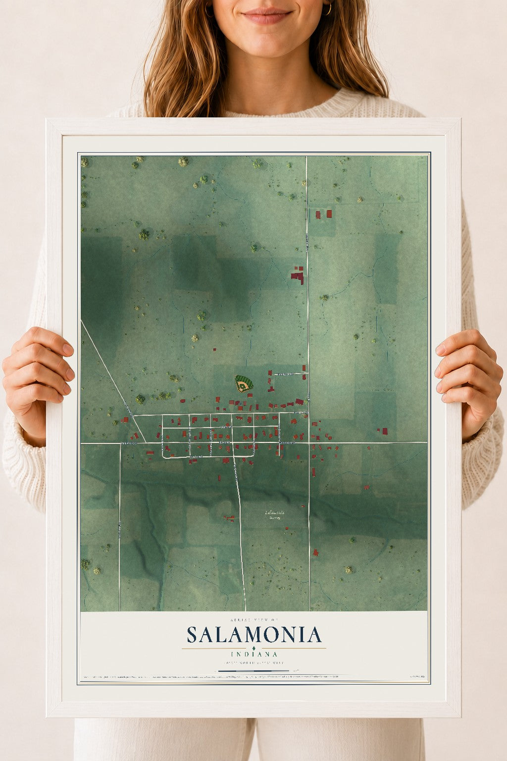 Map of Salamonia, Indiana, 18 x 24 inch print in a white wood frame