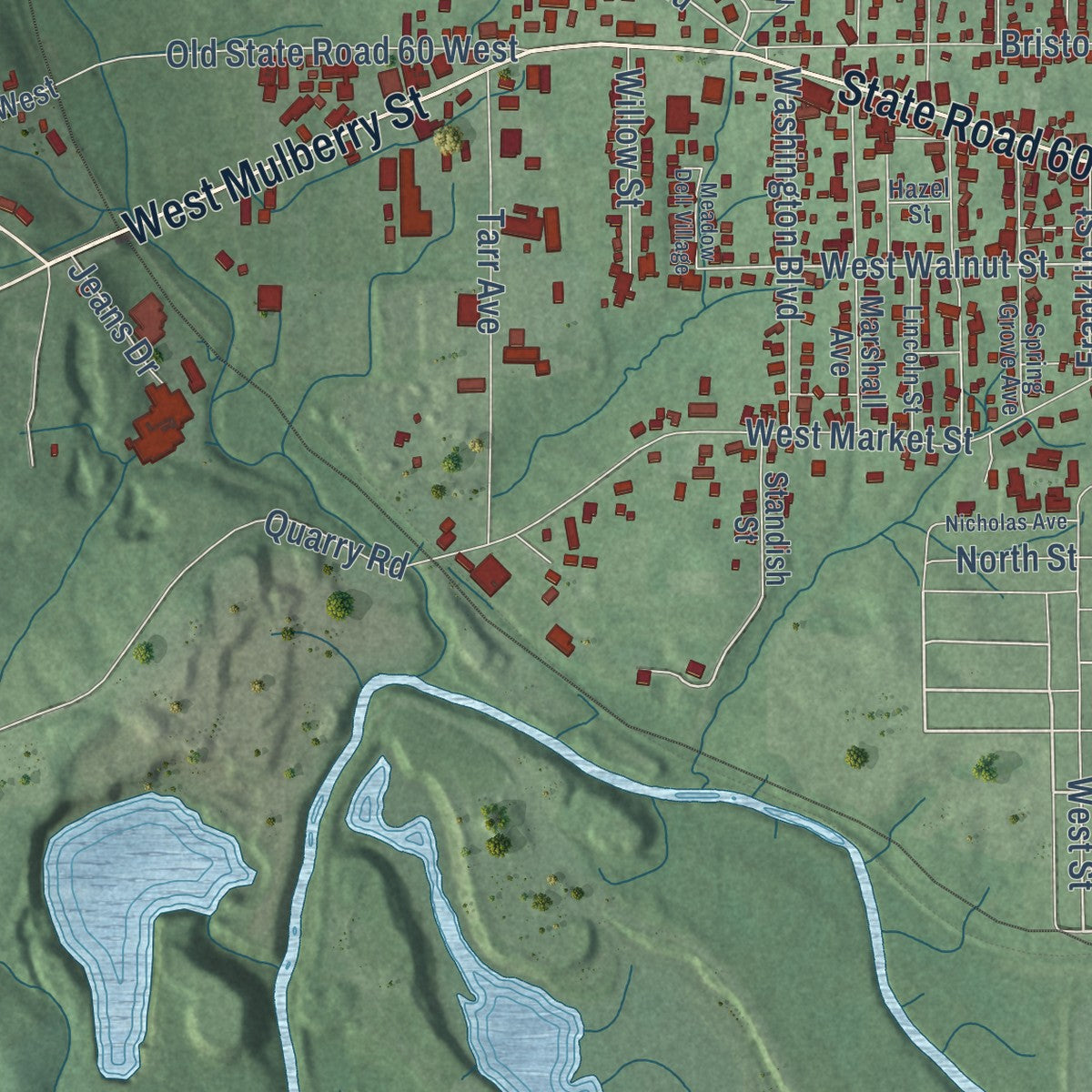Second close-up of the map of Salem, Indiana print showing more streets and buildings