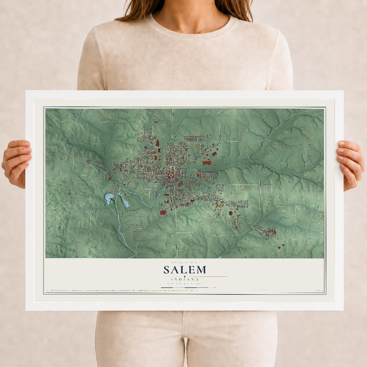 Map of Salem, Indiana, 12 x 18 inch print in a white wood frame