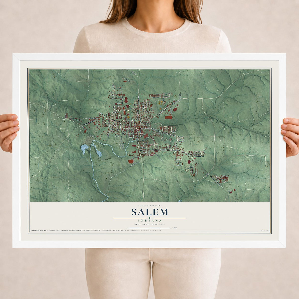 Map of Salem, Indiana, 18 x 24 inch print in a white wood frame