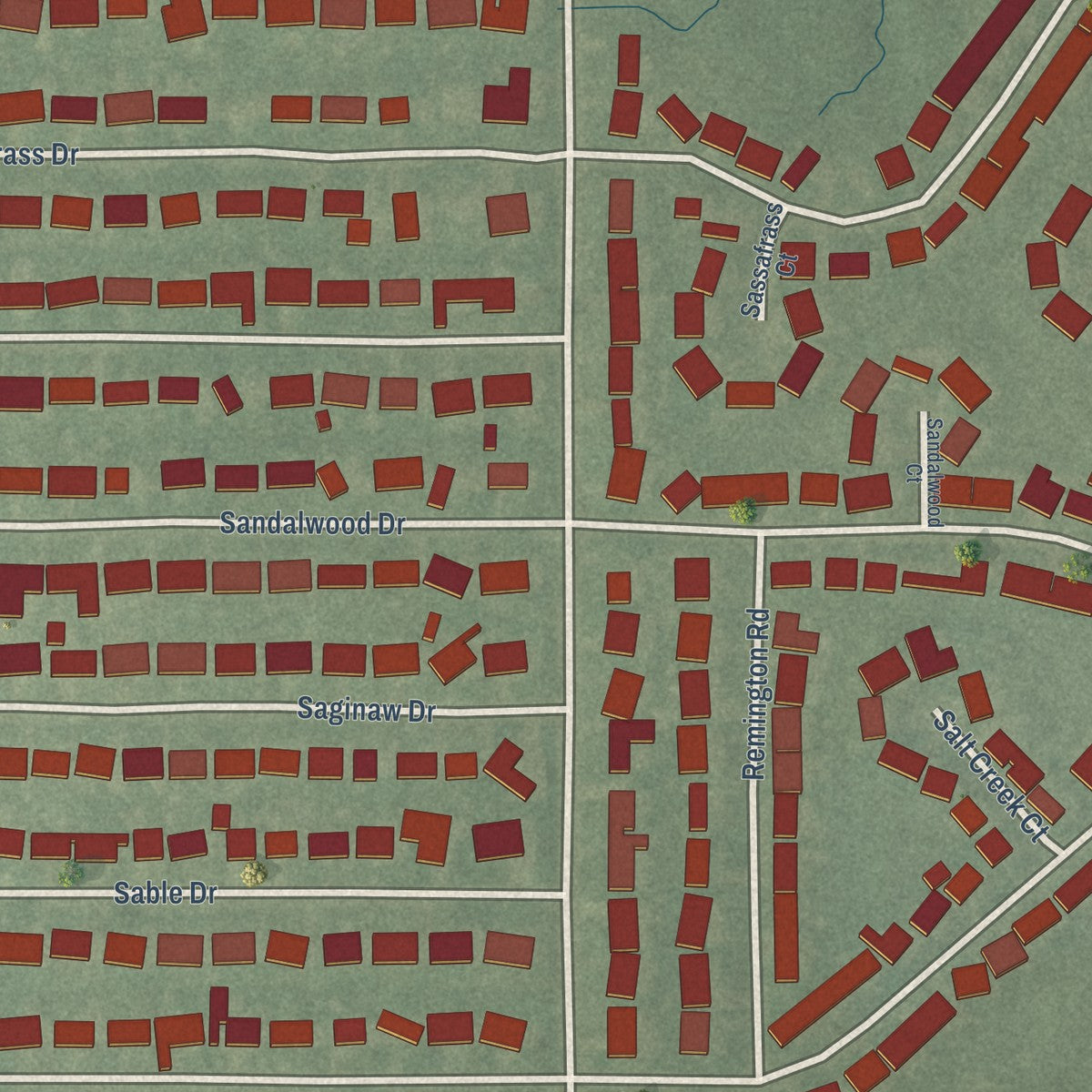 Close-up of the map of Salt Creek Commons, Indiana print showing street and building detail