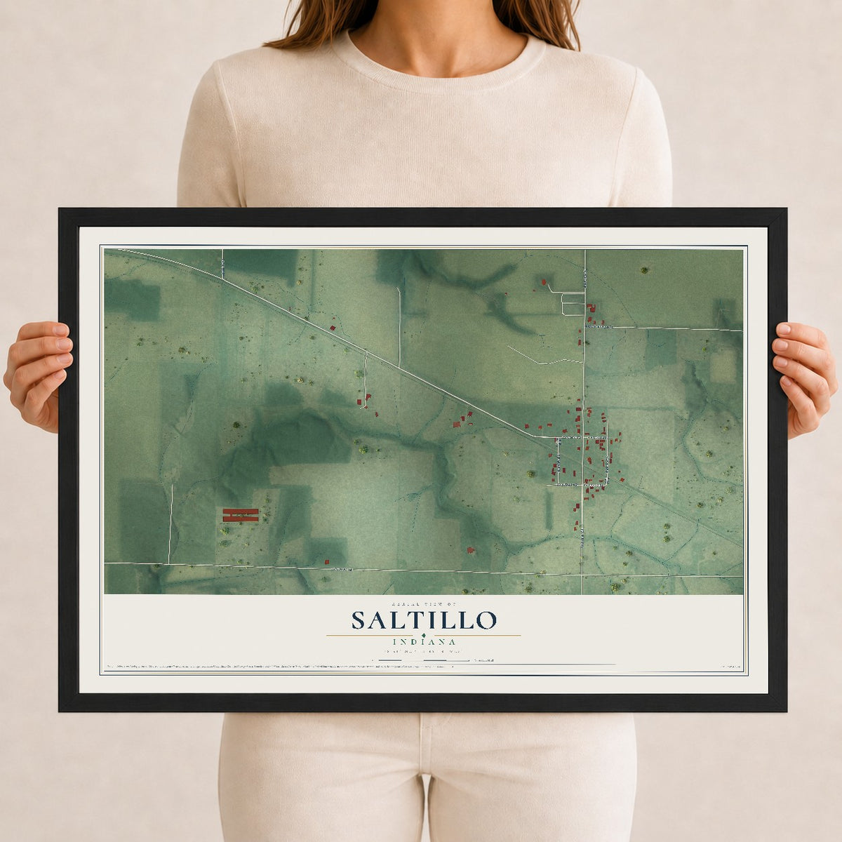 Map of Saltillo, Indiana, 12 x 18 inch print in a black wood frame