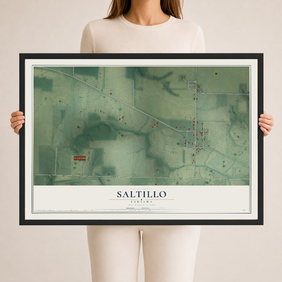 Map of Saltillo, Indiana, 24 x 36 inch print in a black wood frame