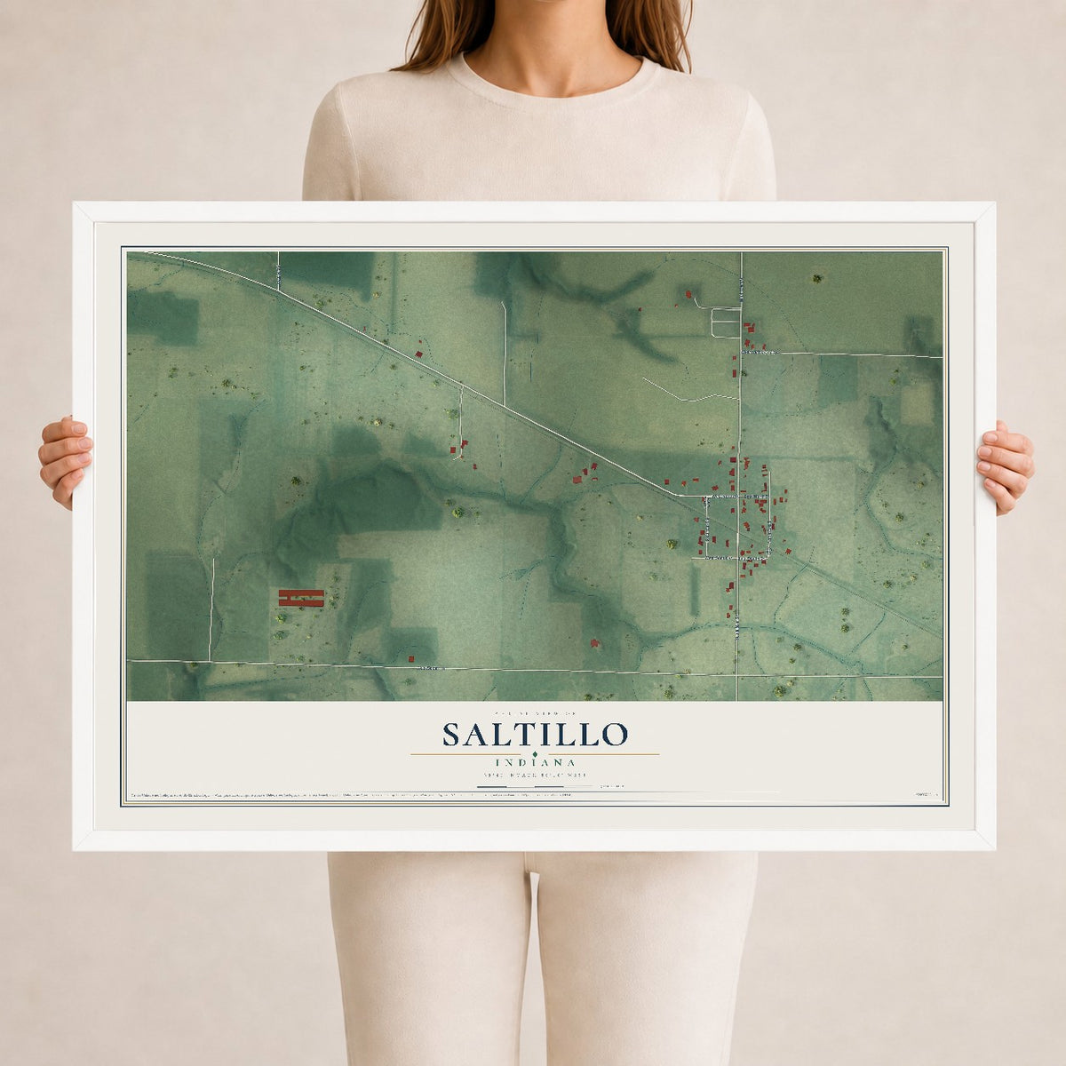 Map of Saltillo, Indiana, 24 x 36 inch print in a white wood frame