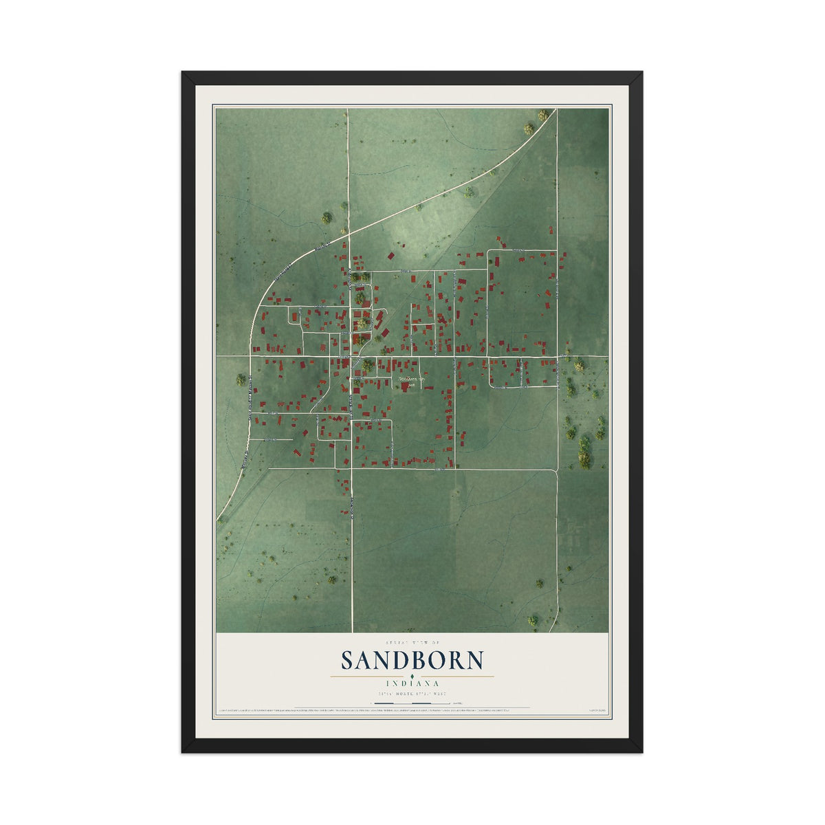 Map of Sandborn, Indiana, 12 x 18 inch print in a black wood frame